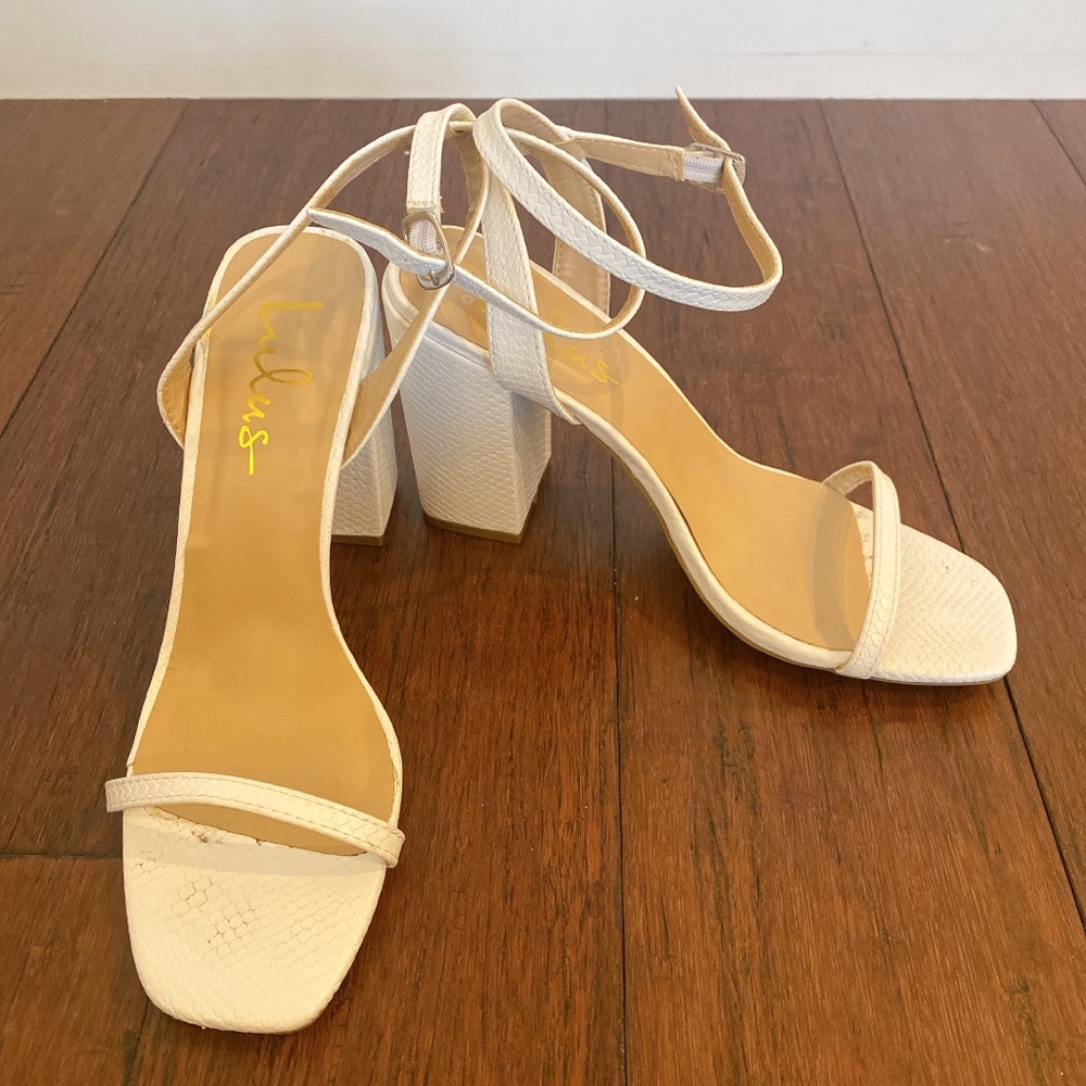 Lulus Larsaa White Snake-Embossed Ankle Strap High Heel Sandals